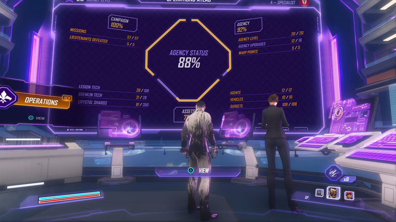 Headquarters is where agents can train, gear up, pick their rides, develop new technology and check their progress.